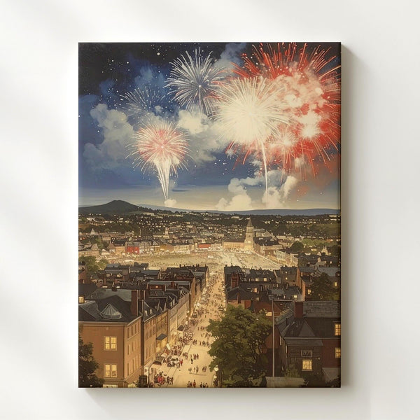 Cityscape Fireworks Canvas – Red, White & Blue Celebration Over Rooftops - Gifitto
