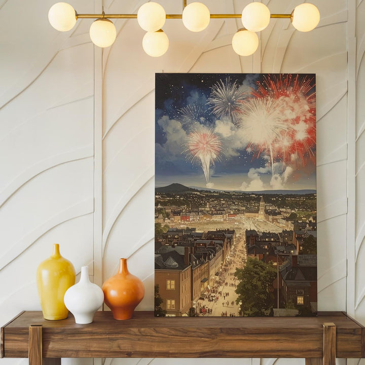 Cityscape Fireworks Canvas – Red, White & Blue Celebration Over Rooftops - Gifitto