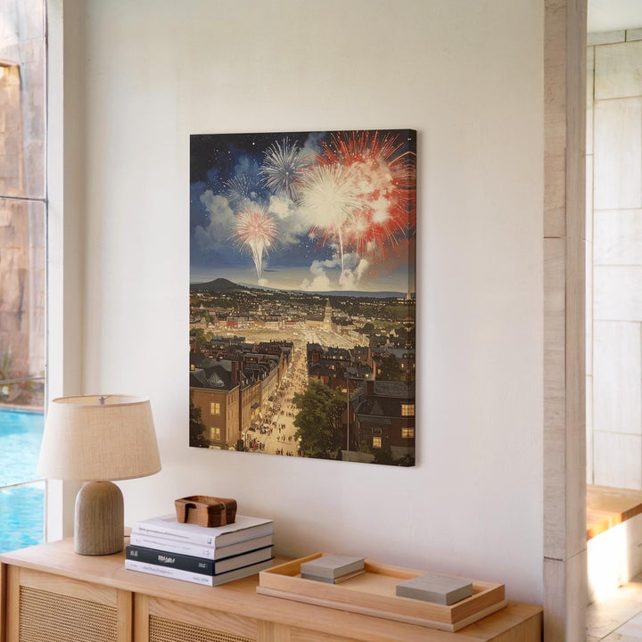 Cityscape Fireworks Canvas – Red, White & Blue Celebration Over Rooftops - Gifitto
