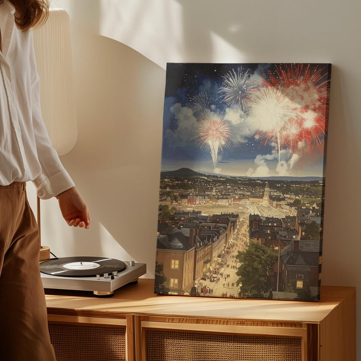 Cityscape Fireworks Canvas – Red, White & Blue Celebration Over Rooftops - Gifitto