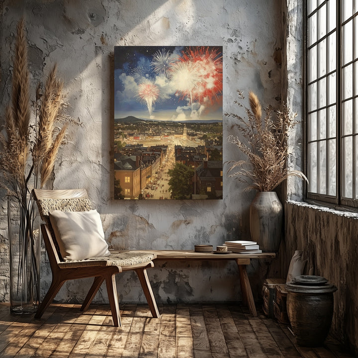 Cityscape Fireworks Canvas – Red, White & Blue Celebration Over Rooftops - Gifitto
