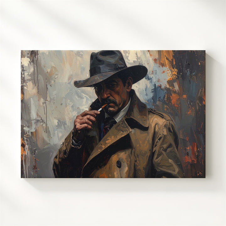Noir Detective Canvas – Haunted Cityscape with Cigarette & Fog - Gifitto