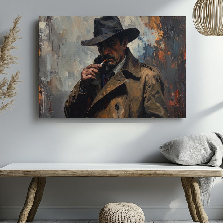 Noir Detective Canvas – Haunted Cityscape with Cigarette & Fog - Gifitto