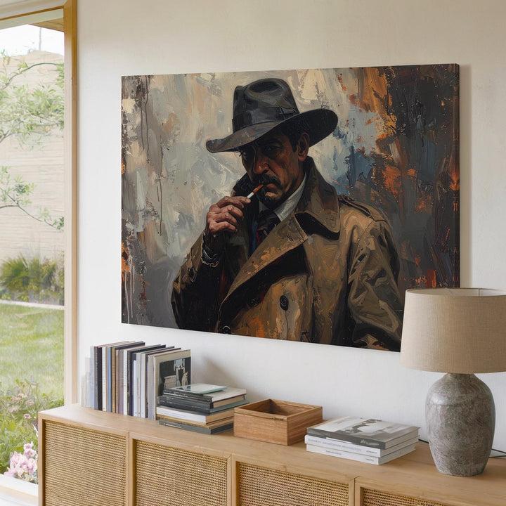 Noir Detective Canvas – Haunted Cityscape with Cigarette & Fog - Gifitto