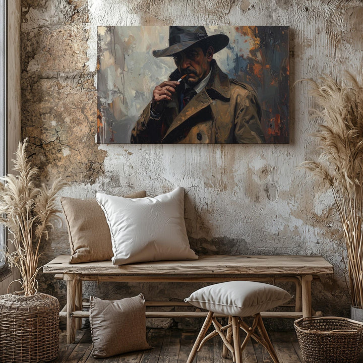 Noir Detective Canvas – Haunted Cityscape with Cigarette & Fog - Gifitto