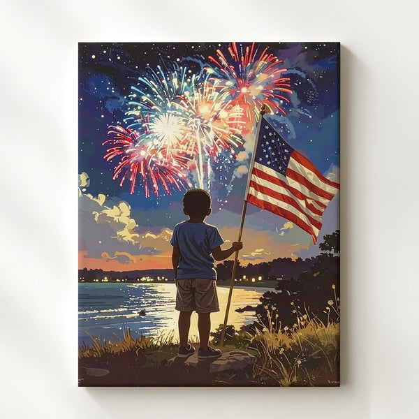 Nostalgic 4th of July Canvas – Boy with American Flag & Fireworks at Night - Gifitto