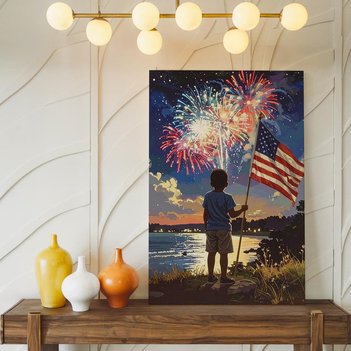 Nostalgic 4th of July Canvas – Boy with American Flag & Fireworks at Night - Gifitto