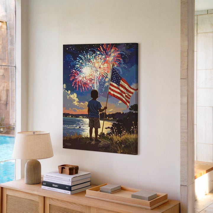 Nostalgic 4th of July Canvas – Boy with American Flag & Fireworks at Night - Gifitto