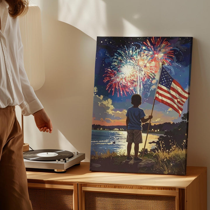 Nostalgic 4th of July Canvas – Boy with American Flag & Fireworks at Night - Gifitto