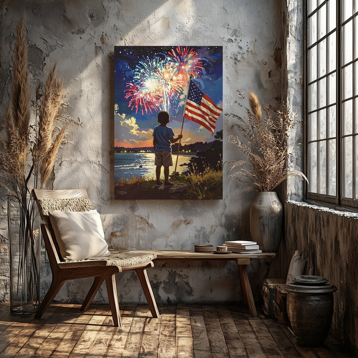 Nostalgic 4th of July Canvas – Boy with American Flag & Fireworks at Night - Gifitto