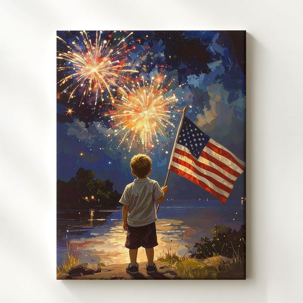 4th of July Wonder Canvas – Boy with American Flag Watching Fireworks - Gifitto