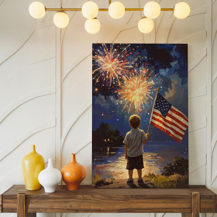 4th of July Wonder Canvas – Boy with American Flag Watching Fireworks - Gifitto
