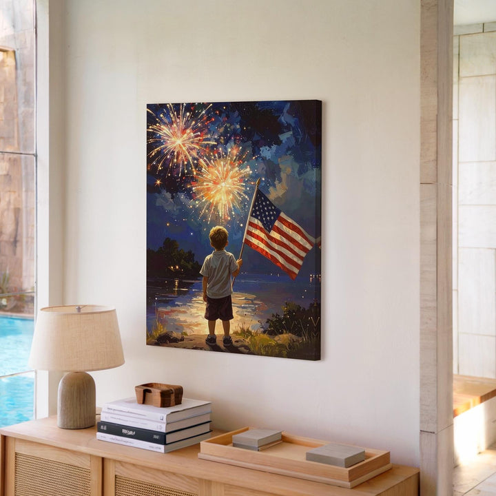 4th of July Wonder Canvas – Boy with American Flag Watching Fireworks - Gifitto