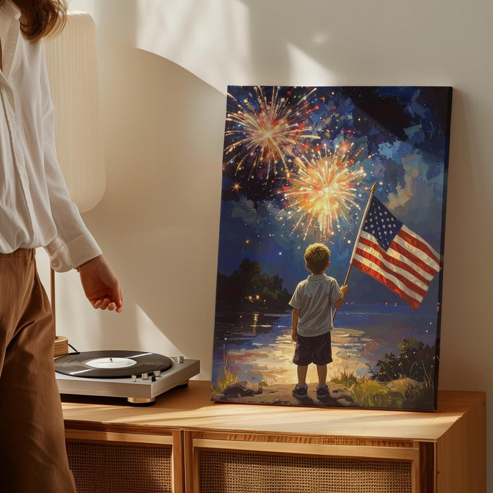 4th of July Wonder Canvas – Boy with American Flag Watching Fireworks - Gifitto