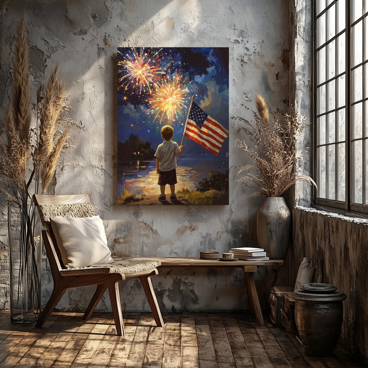 4th of July Wonder Canvas – Boy with American Flag Watching Fireworks - Gifitto