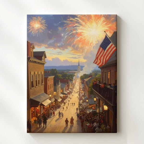 Small-Town 4th of July Canvas – Fireworks, Flags & Golden Twilight Scene - Gifitto