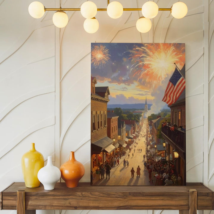 Small-Town 4th of July Canvas – Fireworks, Flags & Golden Twilight Scene - Gifitto