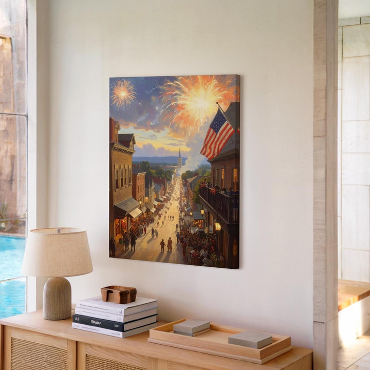 Small-Town 4th of July Canvas – Fireworks, Flags & Golden Twilight Scene - Gifitto