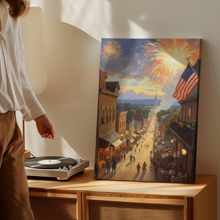 Small-Town 4th of July Canvas – Fireworks, Flags & Golden Twilight Scene - Gifitto