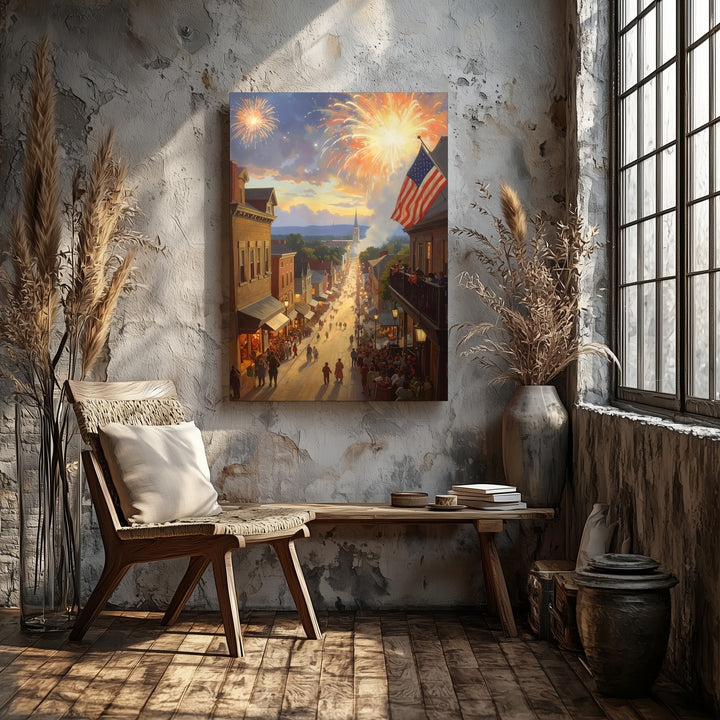 Small-Town 4th of July Canvas – Fireworks, Flags & Golden Twilight Scene - Gifitto
