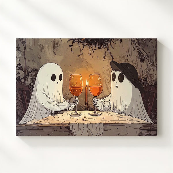 Ghost Wine Toast Canvas – Minimalist Vintage Halloween Romance Art - Gifitto