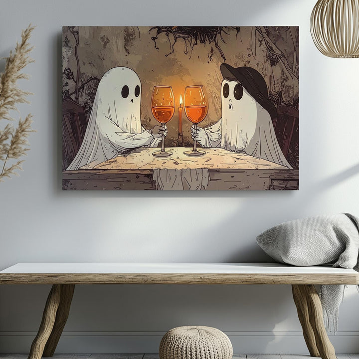 Ghost Wine Toast Canvas – Minimalist Vintage Halloween Romance Art - Gifitto