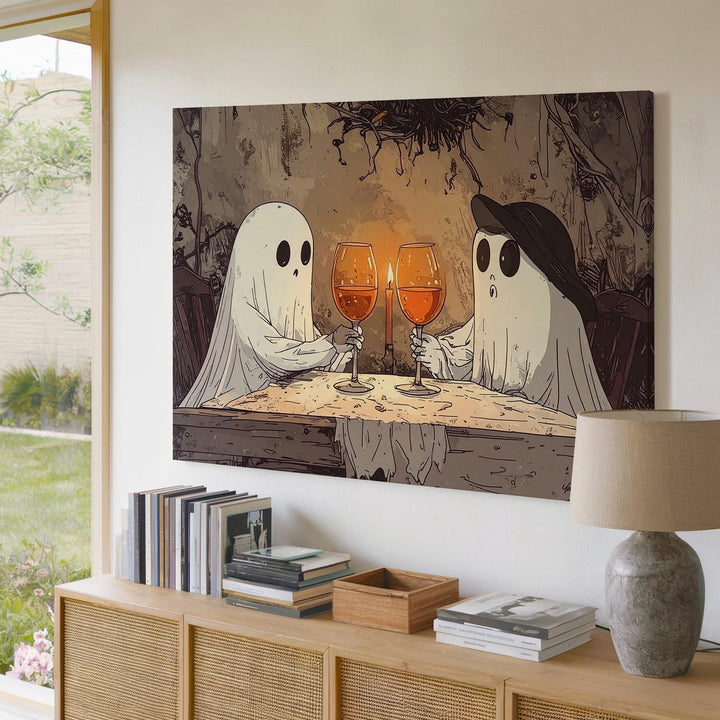 Ghost Wine Toast Canvas – Minimalist Vintage Halloween Romance Art - Gifitto