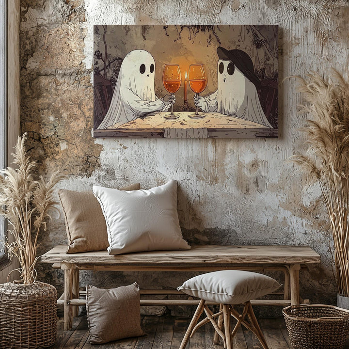 Ghost Wine Toast Canvas – Minimalist Vintage Halloween Romance Art - Gifitto