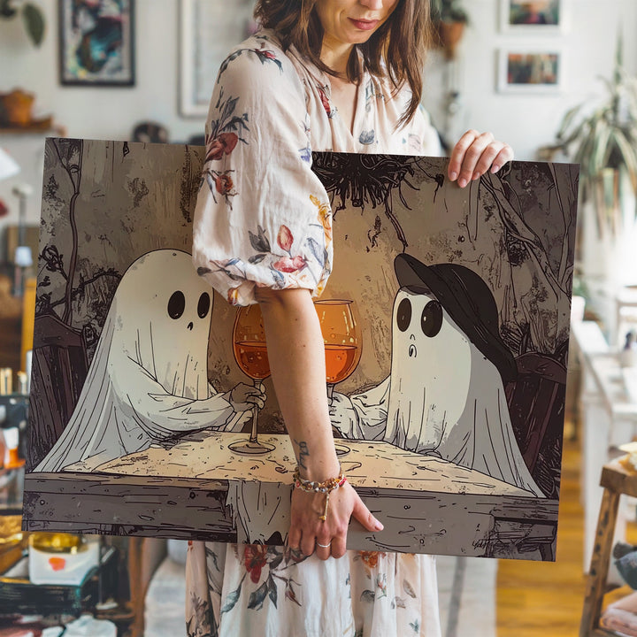 Ghost Wine Toast Canvas – Minimalist Vintage Halloween Romance Art - Gifitto