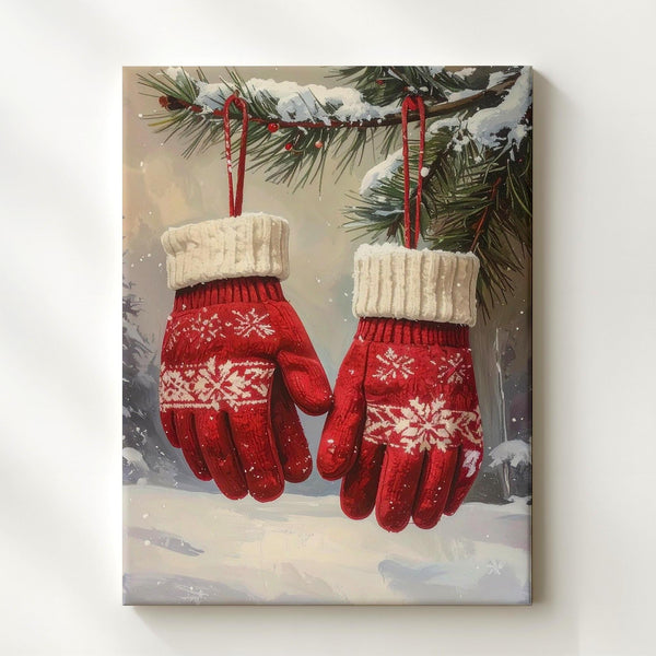 Red Knit Mittens Canvas – Rustic Winter Wall Art with Pine & Snow - Gifitto