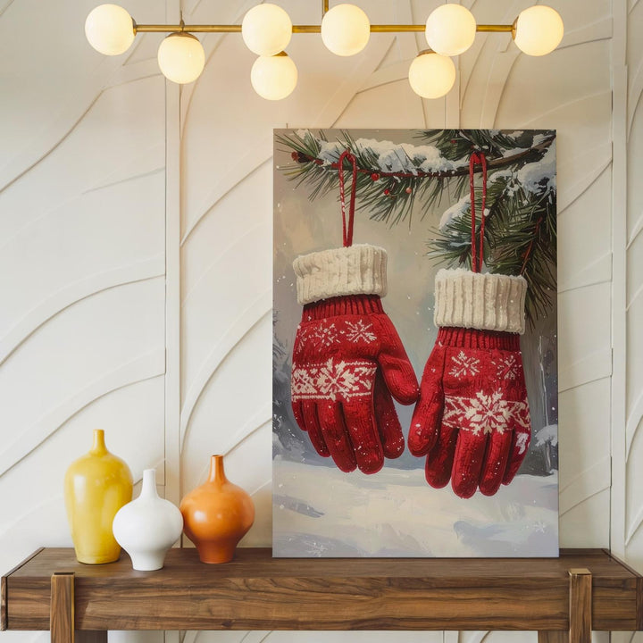 Red Knit Mittens Canvas – Rustic Winter Wall Art with Pine & Snow - Gifitto