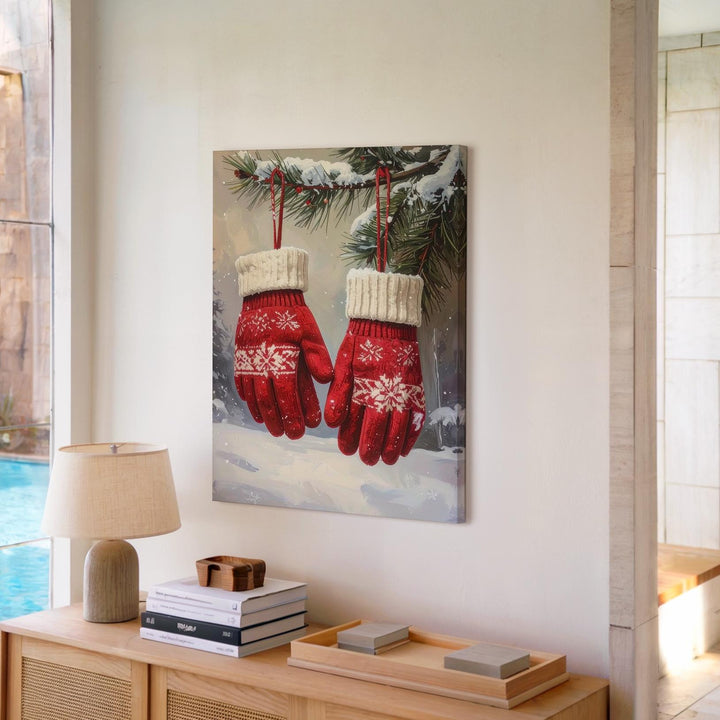 Red Knit Mittens Canvas – Rustic Winter Wall Art with Pine & Snow - Gifitto