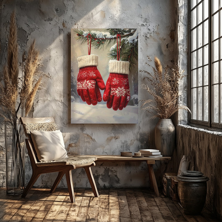 Red Knit Mittens Canvas – Rustic Winter Wall Art with Pine & Snow - Gifitto