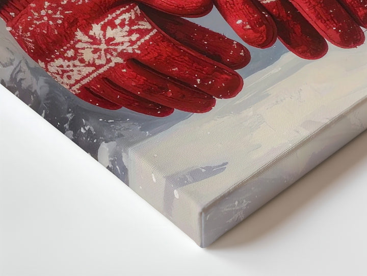 Red Knit Mittens Canvas – Rustic Winter Wall Art with Pine & Snow - Gifitto
