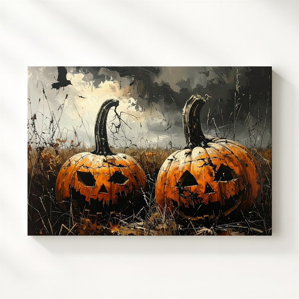 Haunted Harvest Pumpkin Canvas – Sinister Jack-o'-Lanterns in Foggy Field - Gifitto