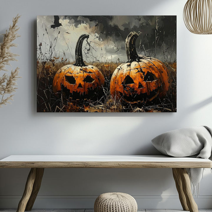 Haunted Harvest Pumpkin Canvas – Sinister Jack-o'-Lanterns in Foggy Field - Gifitto