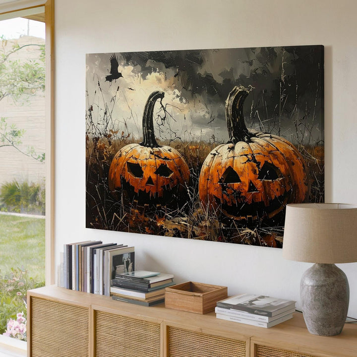 Haunted Harvest Pumpkin Canvas – Sinister Jack-o'-Lanterns in Foggy Field - Gifitto