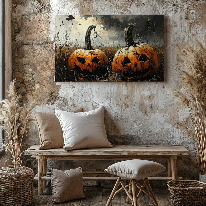 Haunted Harvest Pumpkin Canvas – Sinister Jack-o'-Lanterns in Foggy Field - Gifitto