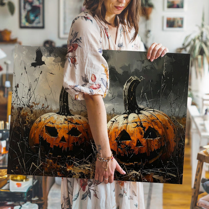 Haunted Harvest Pumpkin Canvas – Sinister Jack-o'-Lanterns in Foggy Field - Gifitto