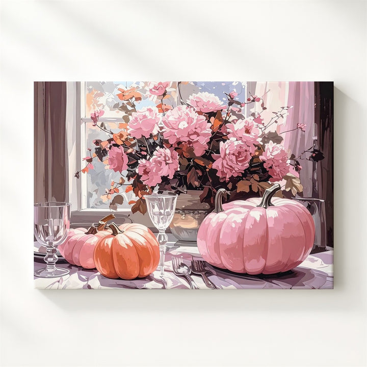Pastel Harvest Table Canvas – Elegant Halloween Setting with Pink Pumpkins - Gifitto