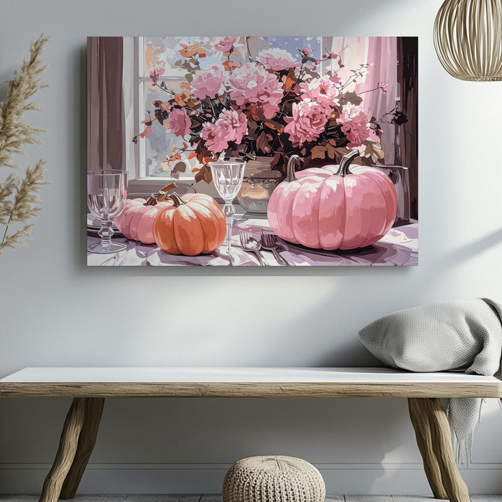 Pastel Harvest Table Canvas – Elegant Halloween Setting with Pink Pumpkins - Gifitto