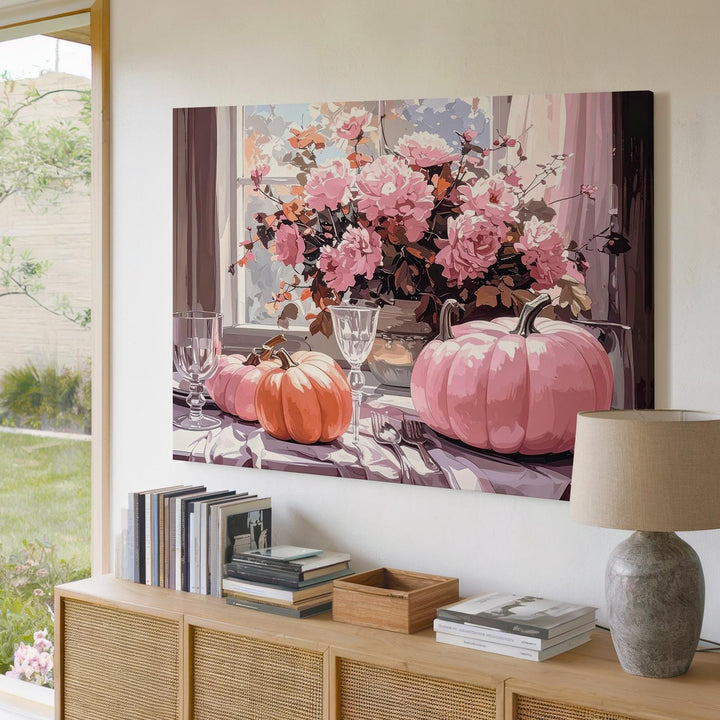 Pastel Harvest Table Canvas – Elegant Halloween Setting with Pink Pumpkins - Gifitto