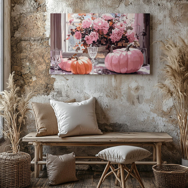 Pastel Harvest Table Canvas – Elegant Halloween Setting with Pink Pumpkins - Gifitto
