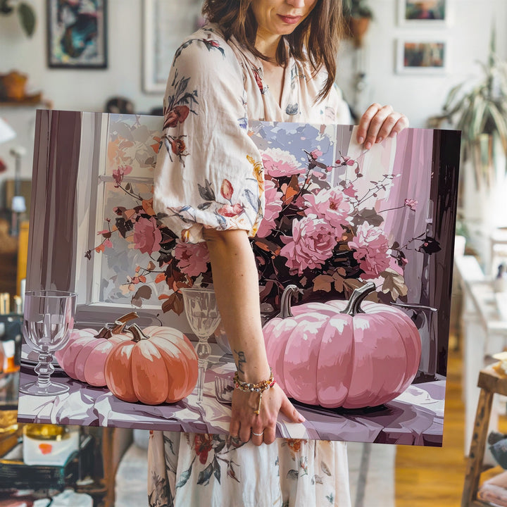 Pastel Harvest Table Canvas – Elegant Halloween Setting with Pink Pumpkins - Gifitto