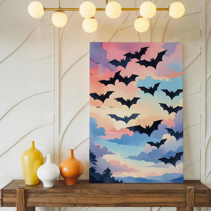Bats in a Pastel Sky Canvas – Elegant Minimal Halloween Wall Art - Gifitto