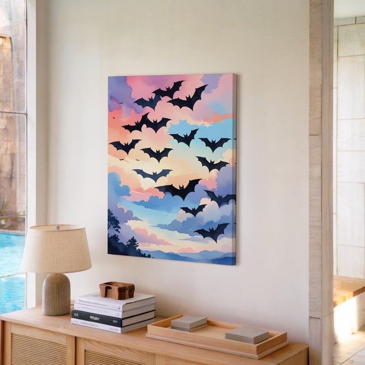 Bats in a Pastel Sky Canvas – Elegant Minimal Halloween Wall Art - Gifitto