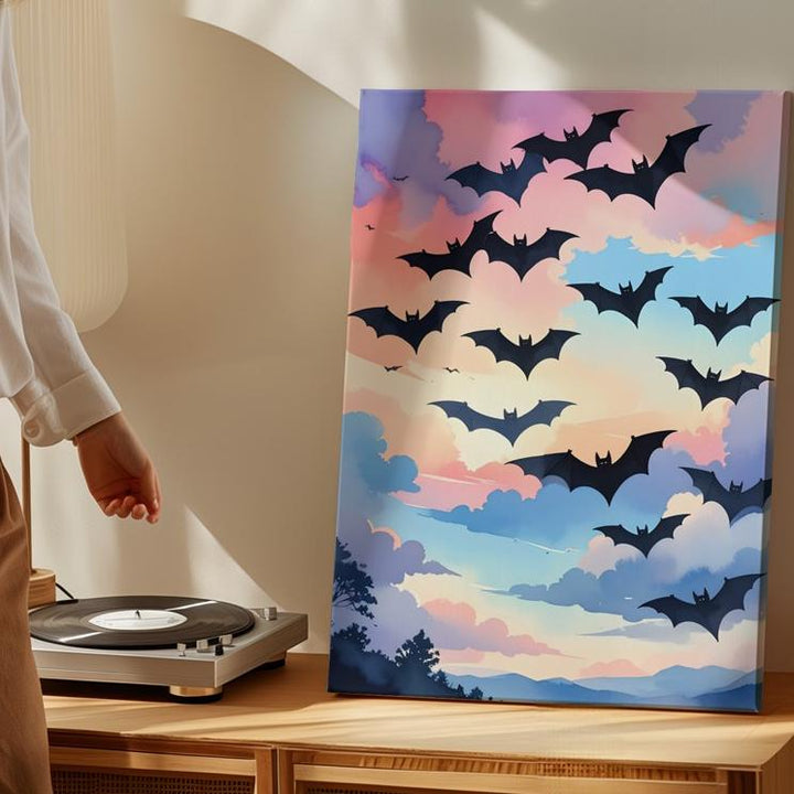 Bats in a Pastel Sky Canvas – Elegant Minimal Halloween Wall Art - Gifitto