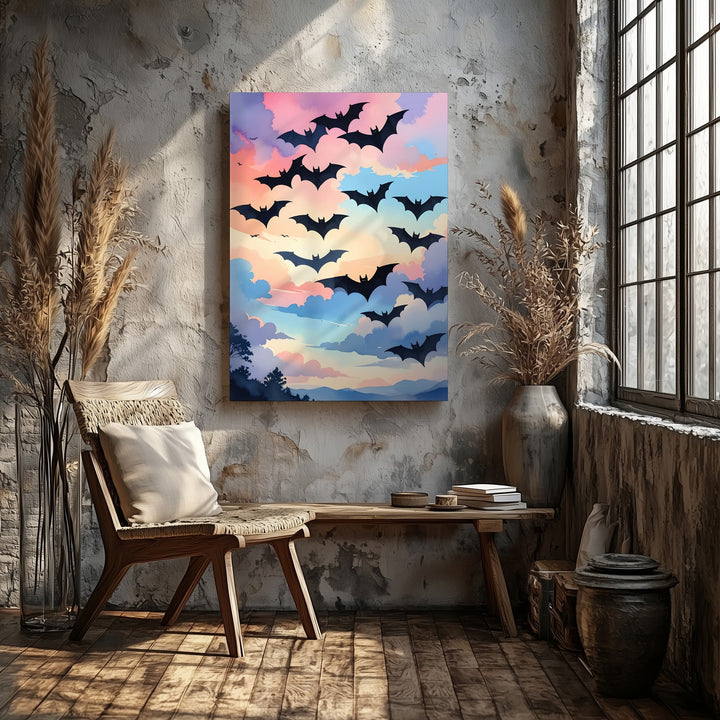 Bats in a Pastel Sky Canvas – Elegant Minimal Halloween Wall Art - Gifitto