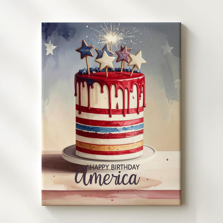 Happy Birthday America Canvas – Patriotic Cake with Stars & Dripping Icing - Gifitto