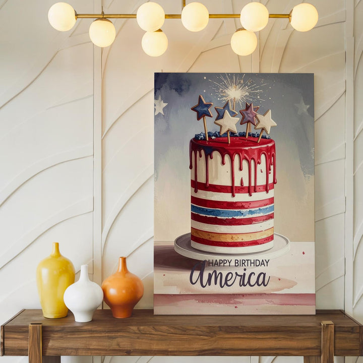 Happy Birthday America Canvas – Patriotic Cake with Stars & Dripping Icing - Gifitto